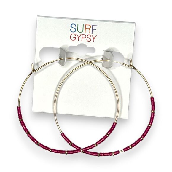 Surf Gypsy Large Red Seed Bead Hoop Earrings 2.75" NWT Gold Tone Boho Statement - Picture 3 of 6